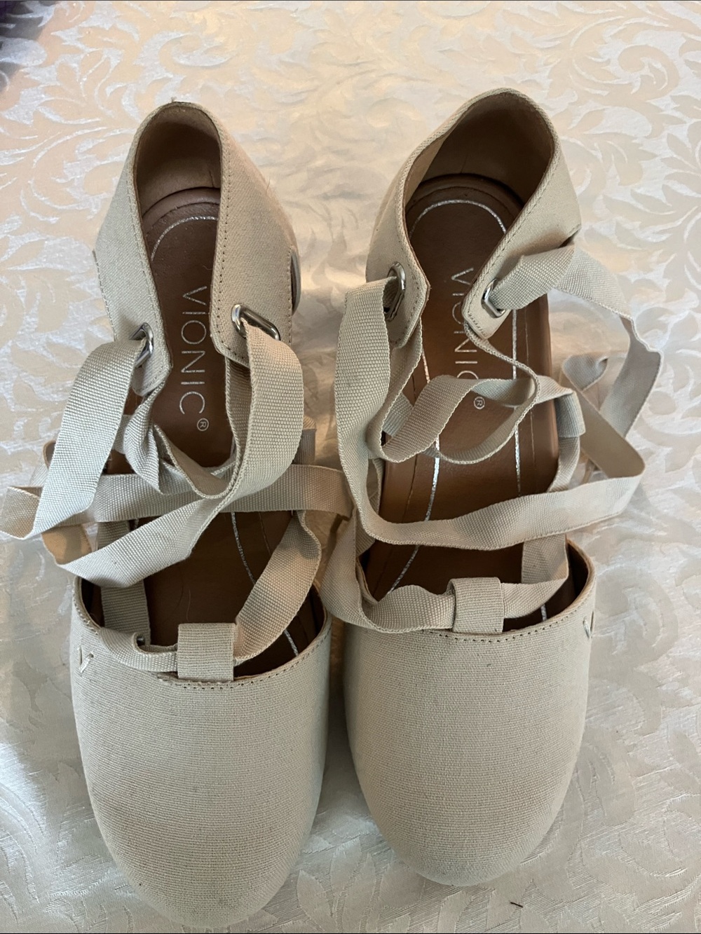 Vionic Cream Canvas Lace-Up Ballet Flats with Ankle Ties
